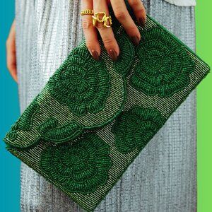 Seed Beaded Rose Floral Green Clutch Crossbody Chain Handbag Bag NEW